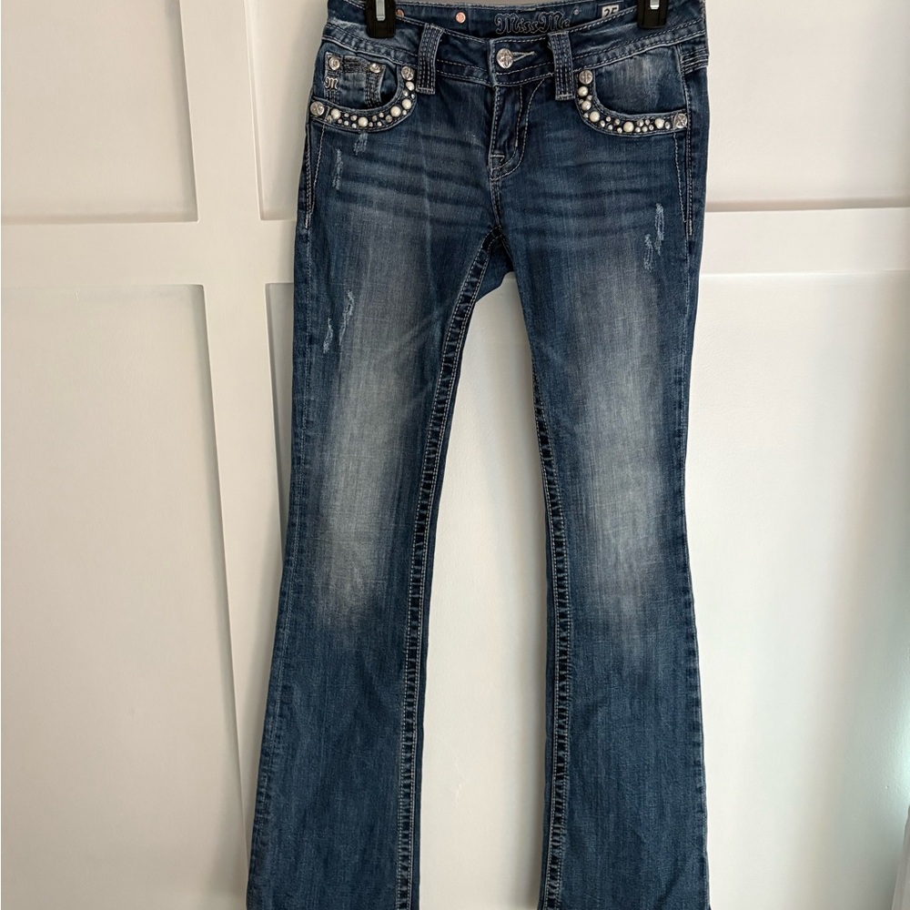 Miss Me Blue Boot Cut Jeans with Rhinestone Embellishments